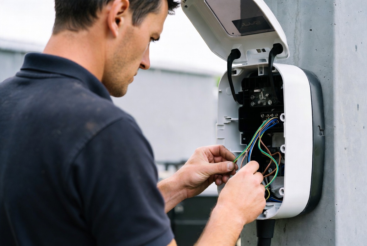 Elektroladen installateur sluit een laadpaal aan