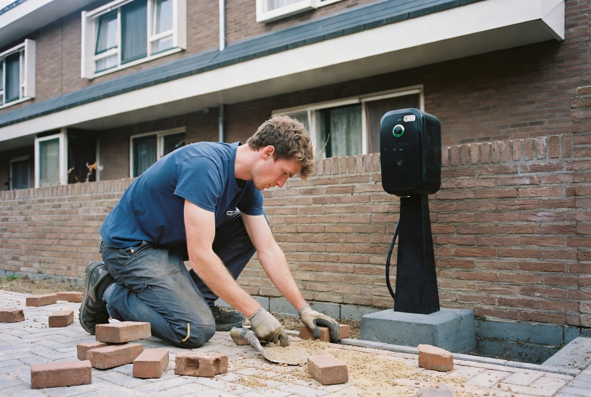 Elektroladen monteur legt de bestrating rond een staande laadpaal